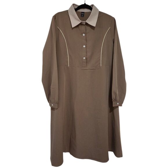 Dazy Tan Beige Contrast Collar Midi Shirt Dress Size L Long Sleeve Rayon Blend - Picture 9 of 10
